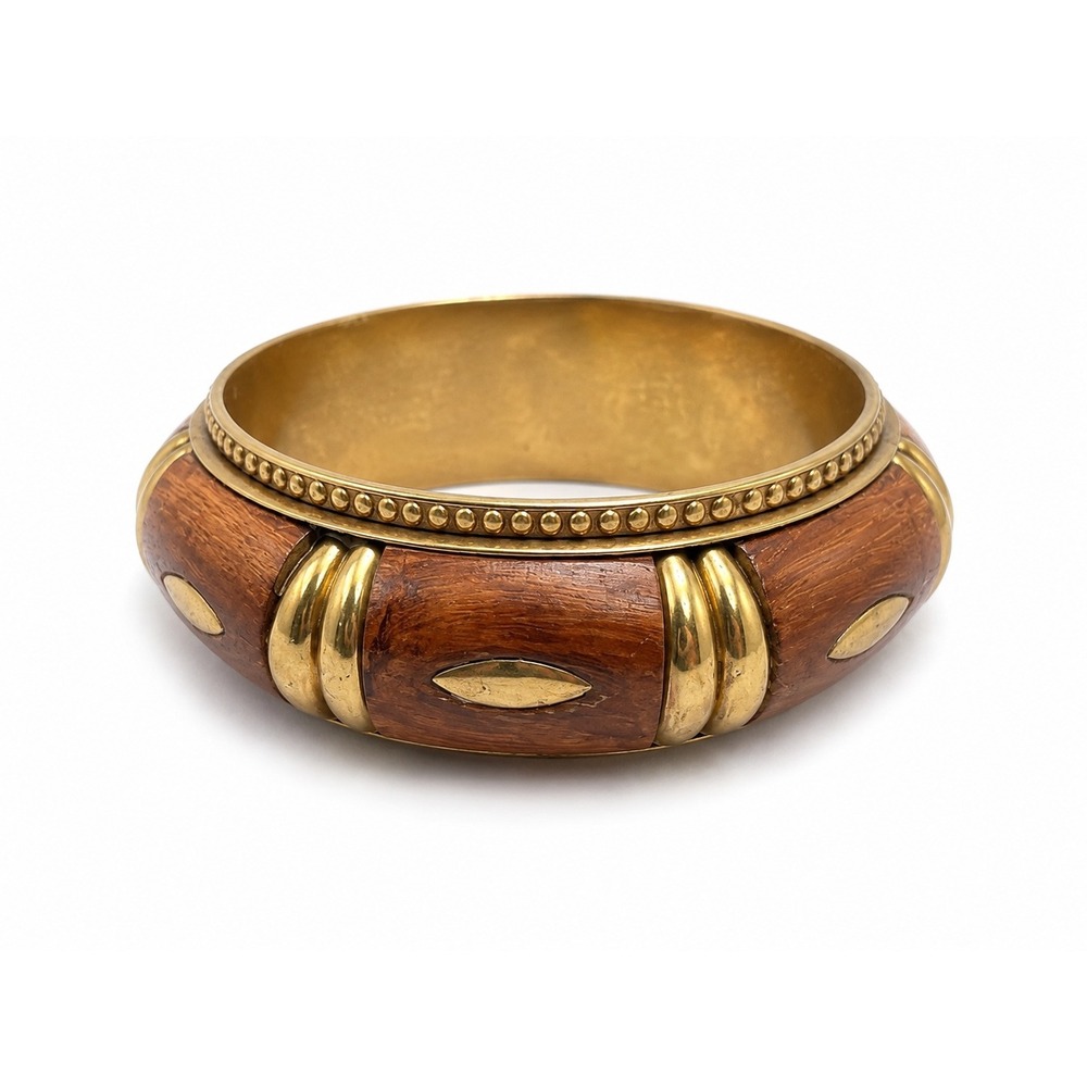 Signed Chico's Wood & Brass Wide Bangle Bracelet Boho Statement Vintage Cuff